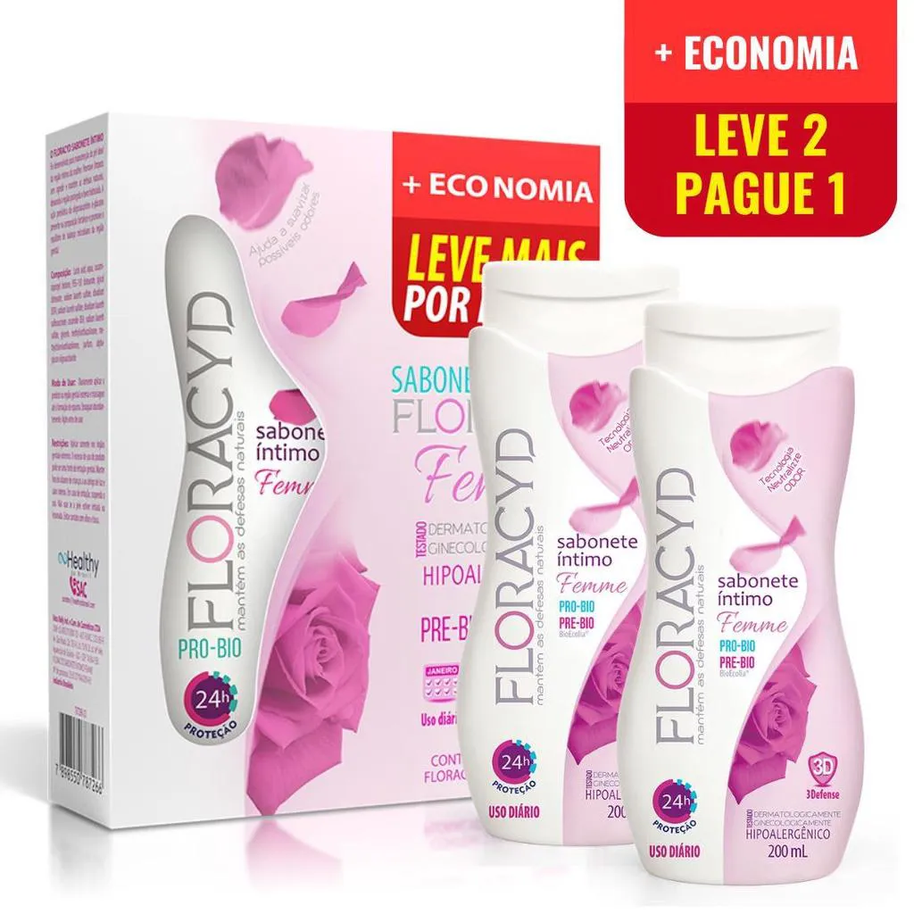 KIT SABONETE ÍNTIMO FLORACYD FÉMME ECONÔMICO LEVE MAIS POR MENOS 2 UN X 200 ML