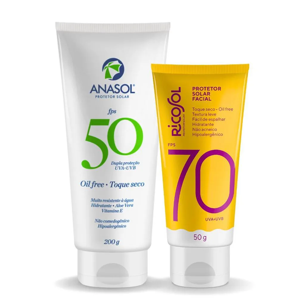 KIT PROTETOR SOLAR FACIAL RICOSOL FPS 70 TOQUE SECO 50G + CORPORAL ANASOL FPS 50 200G