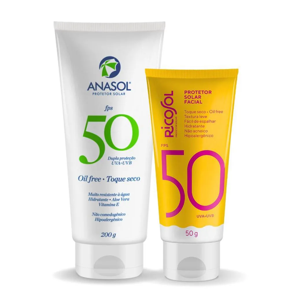 KIT PROTETOR SOLAR FACIAL RICOSOL FPS 50 TOQUE SECO 50G + CORPORAL ANASOL FPS 50 200G