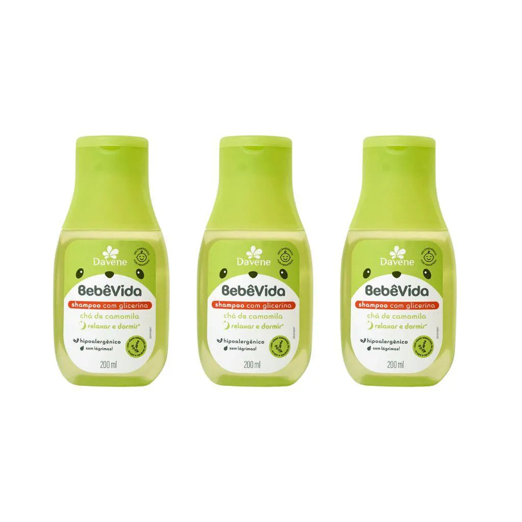 Shampoo Davene Bebe Vida Cha Camomila 200ml - Kit C/ 3un