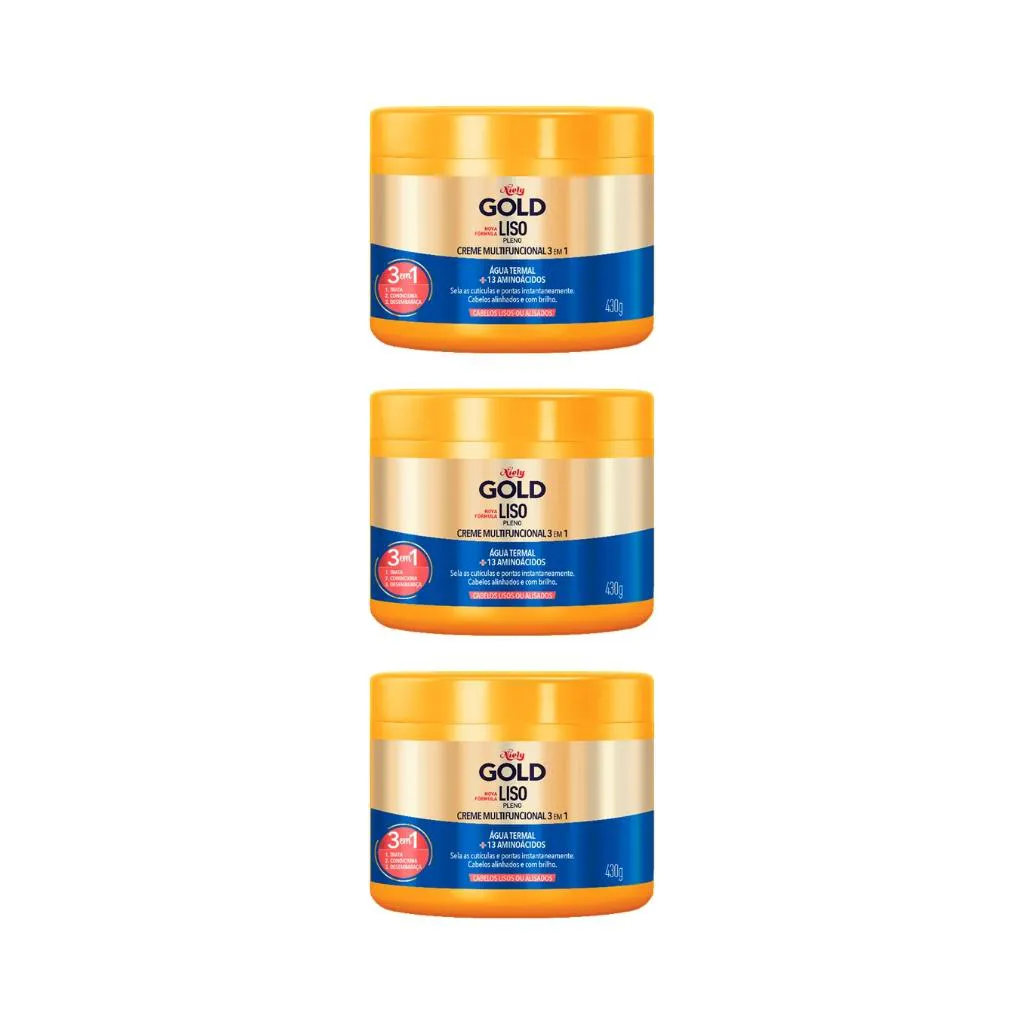 Creme de Tratamento Niely Gold 430g Liso Pleno - Kit C/ 3un
