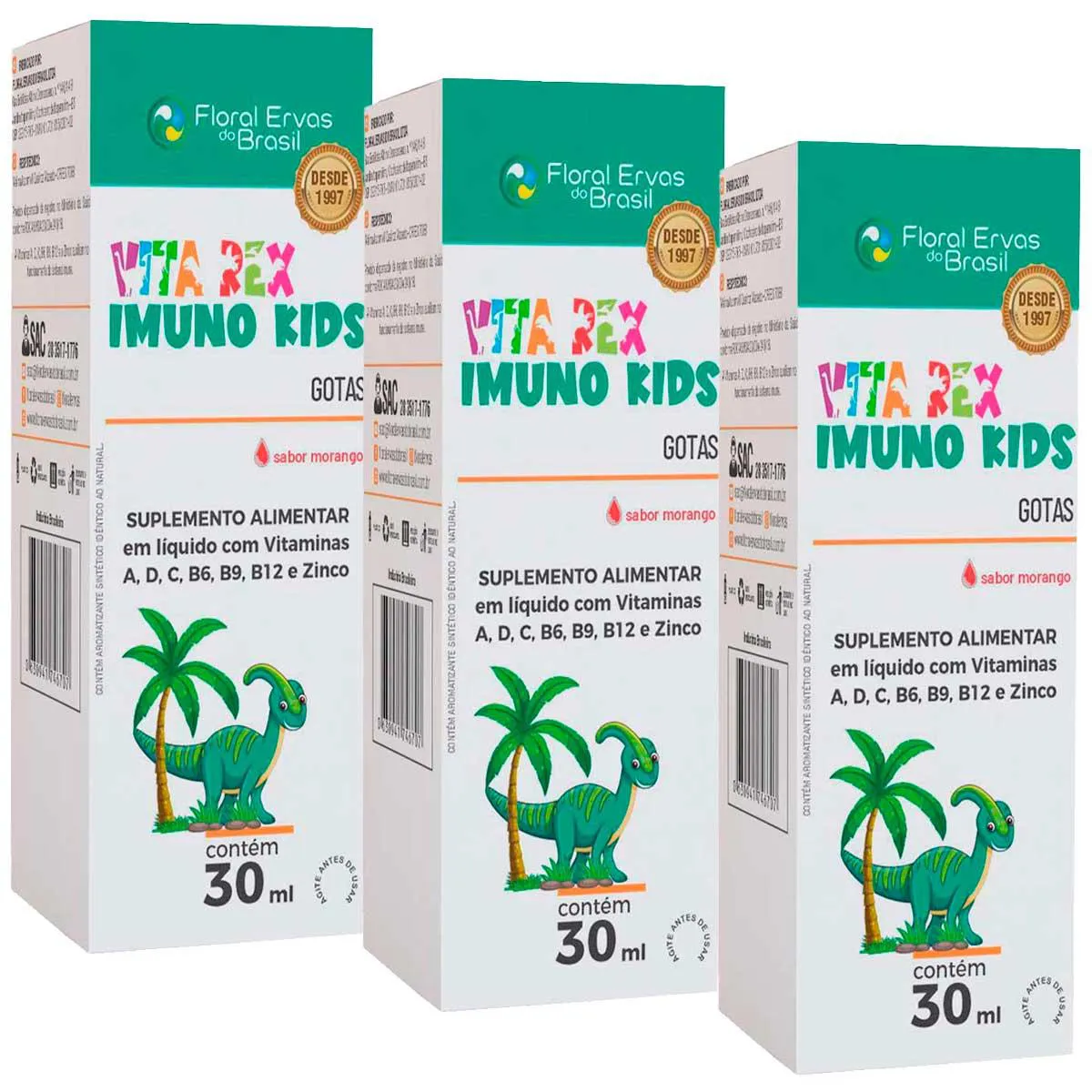 Kit 3x Vita Rex Imuno Kids em Gotas - Morango - 30ml cada - Floral Ervas do Brasil