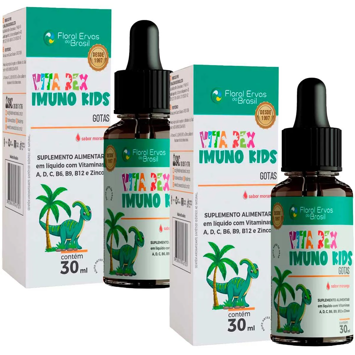 Kit 2x Vita Rex Imuno Kids em Gotas - Morango - 30ml cada - Floral Ervas do Brasil