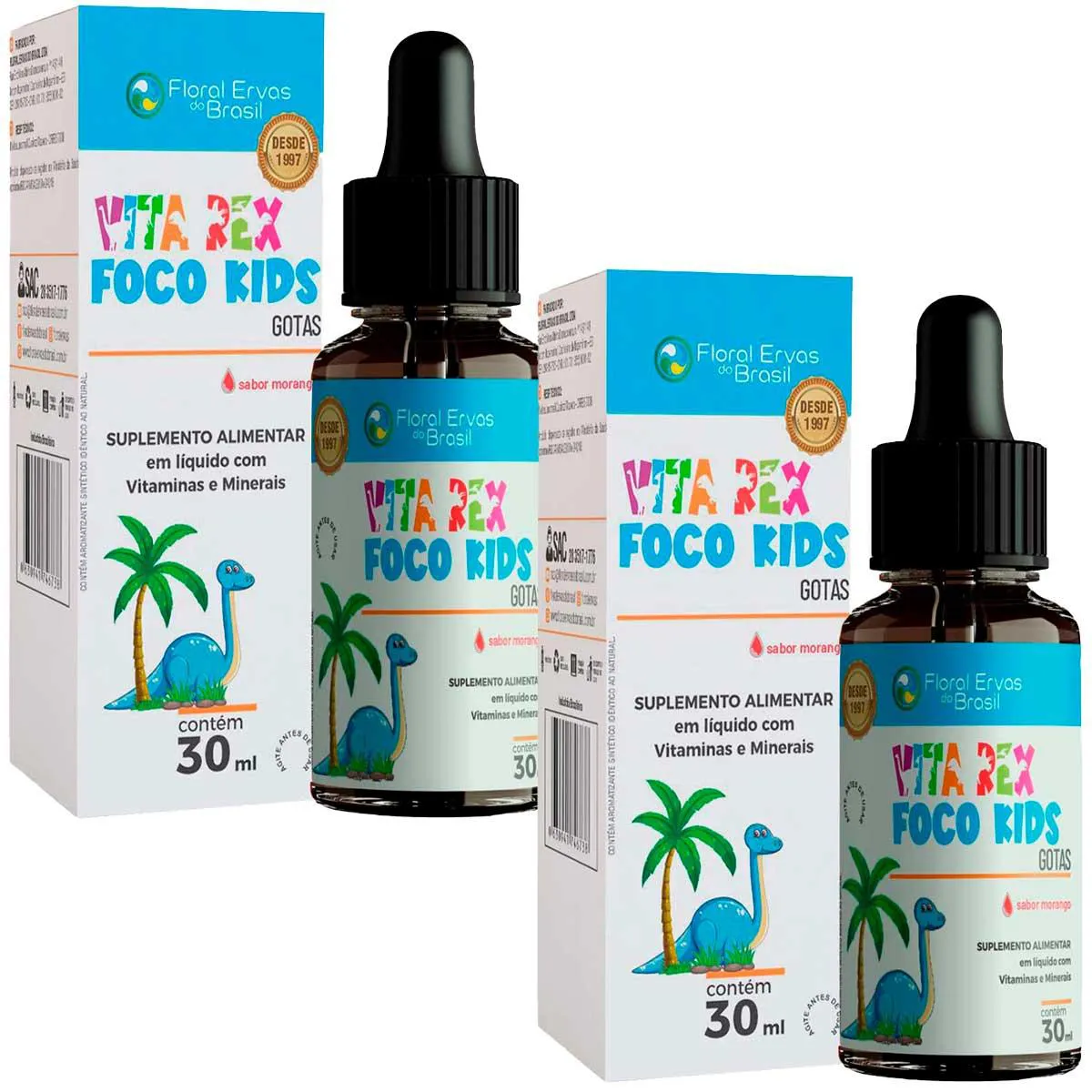Kit 2x Vita Rex Foco Kids em Gotas - Morango - 30ml cada - Floral Ervas do Brasil