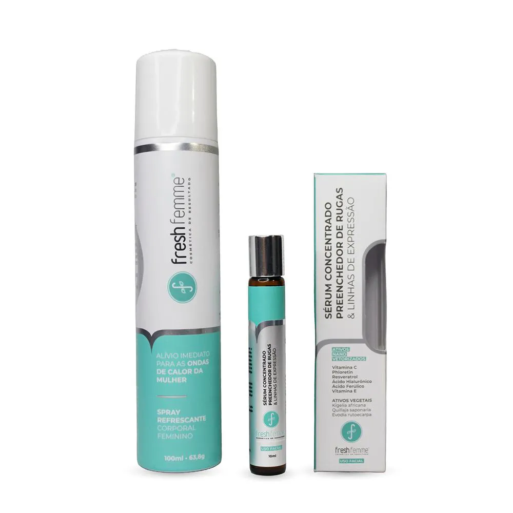 Kit Spray Refrescante Para Calores Menopausa FreshFemme + Sérum Concentrado Preenchedor de Rugas e Linhas de Expressão F