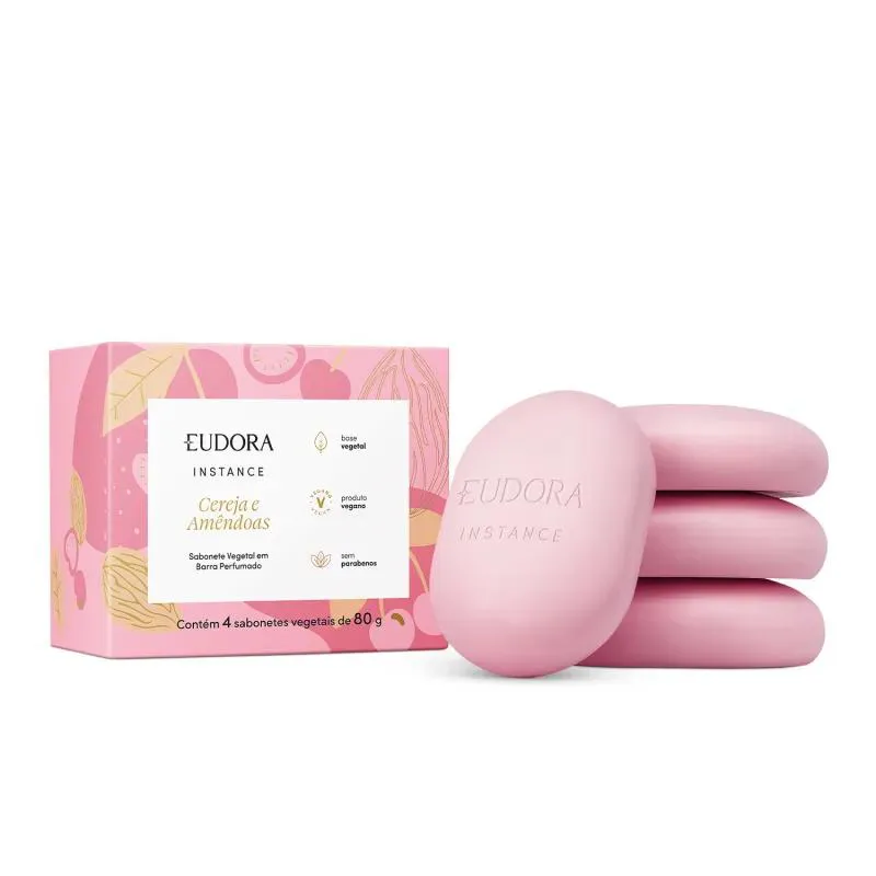 Kit Sabonete Vegetal em Barra Instance Cereja e Amêndoas Eudora 4x80g