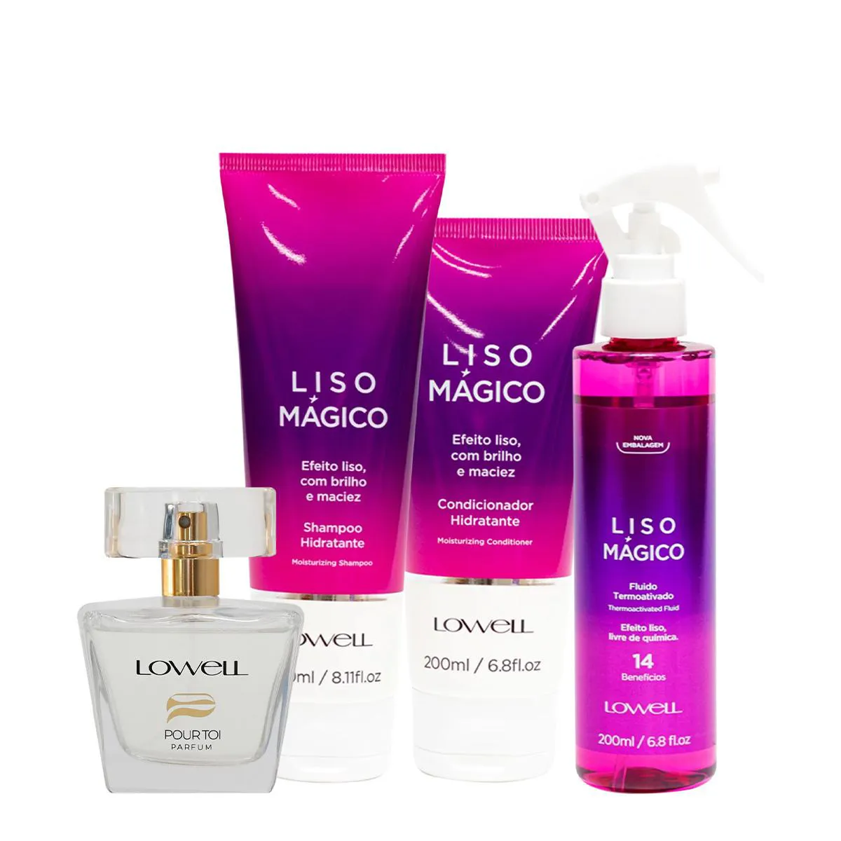 Lowell Liso Mágico Keeping Liss Shampoo Condicionador Spray e  Pour Toi Parfum Cabelo e Corpo (4 produtos)