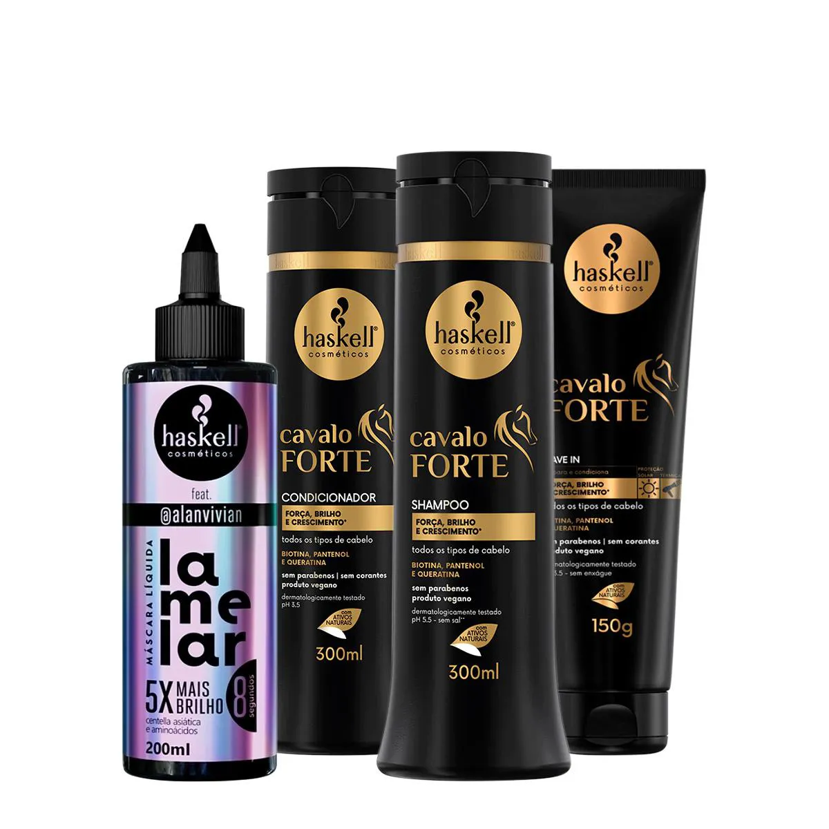 Kit Haskell Cavalo Forte Shampoo Condicionador Leave-in e Lamelar Máscara líquida (4 produtos)