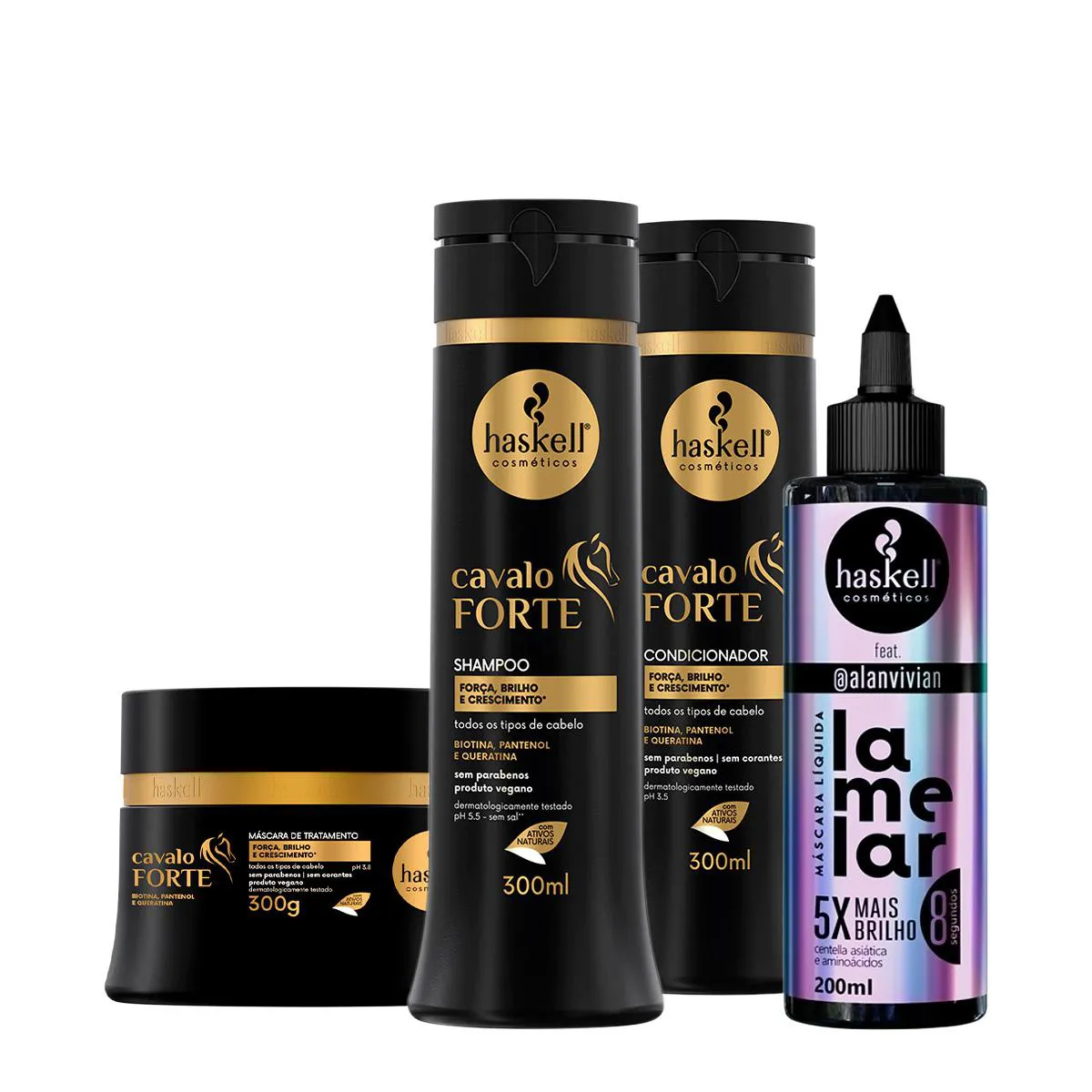 Kit Haskell Cavalo Forte Máscara Shampoo Condicionador e Lamelar Máscara líquida (4 produtos)