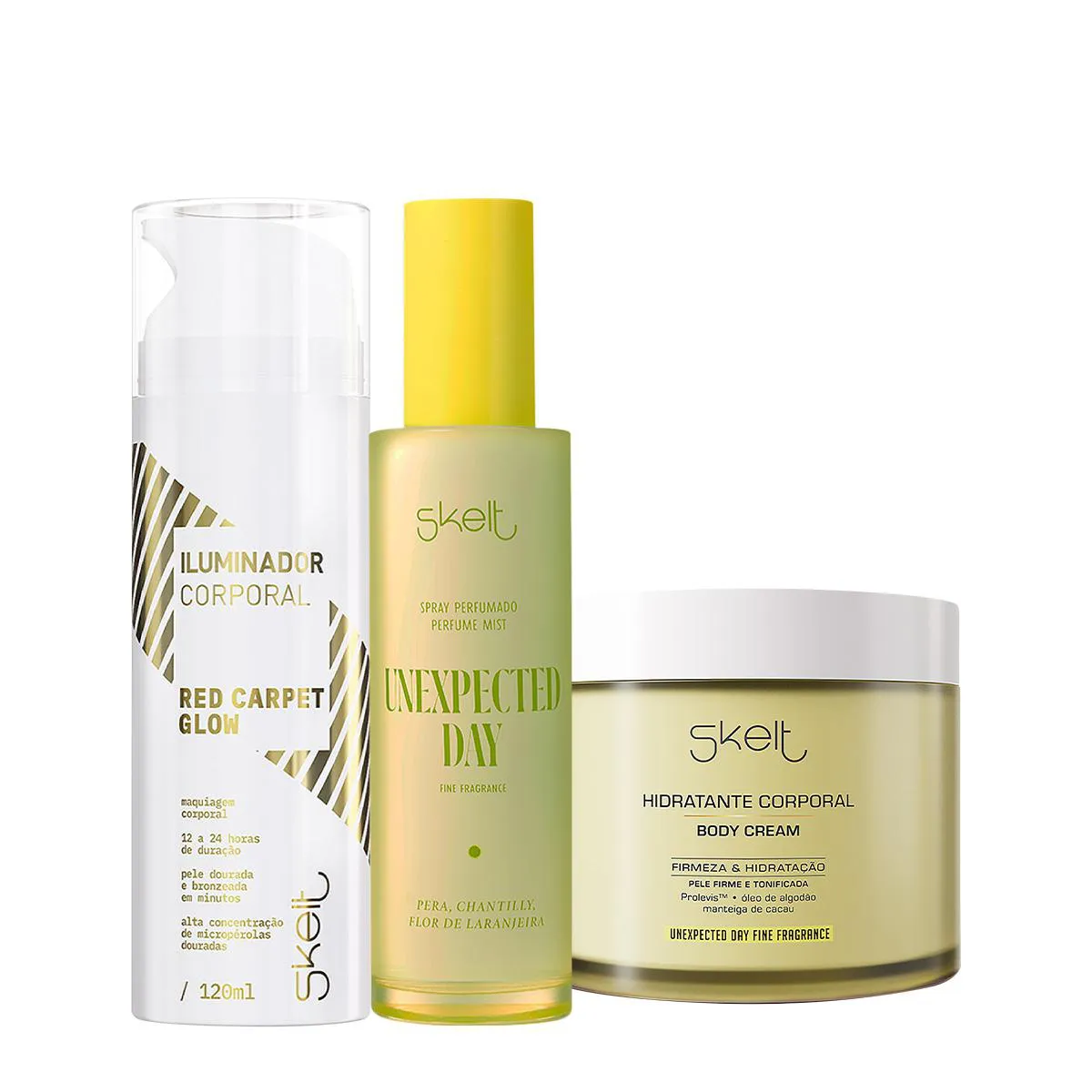 Kit Skelt Red Carpet Glow Iluminador Unexpected Day Hidratante Corporal e Perfume Mist Spray (3 produtos)