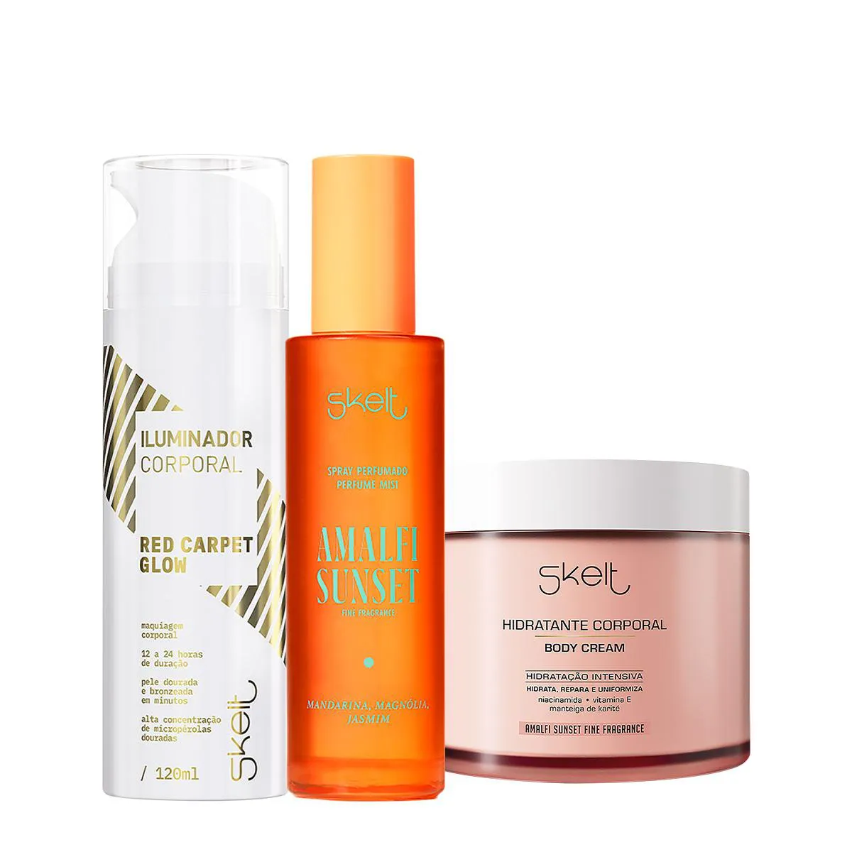 Kit Skelt Red Carpet Glow Iluminador Amalfi Sunset Hidratante Corporal e Perfume Mist Spray (3 produtos)