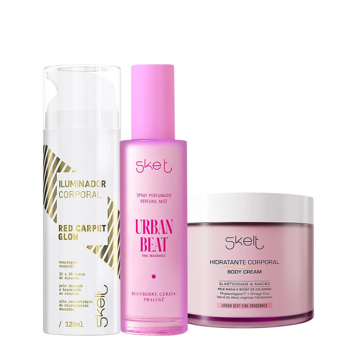 Kit Skelt Red Carpet Glow Iluminador Urban Beat Hidratante Corporal e Perfume Mist Spray  (3 produtos)