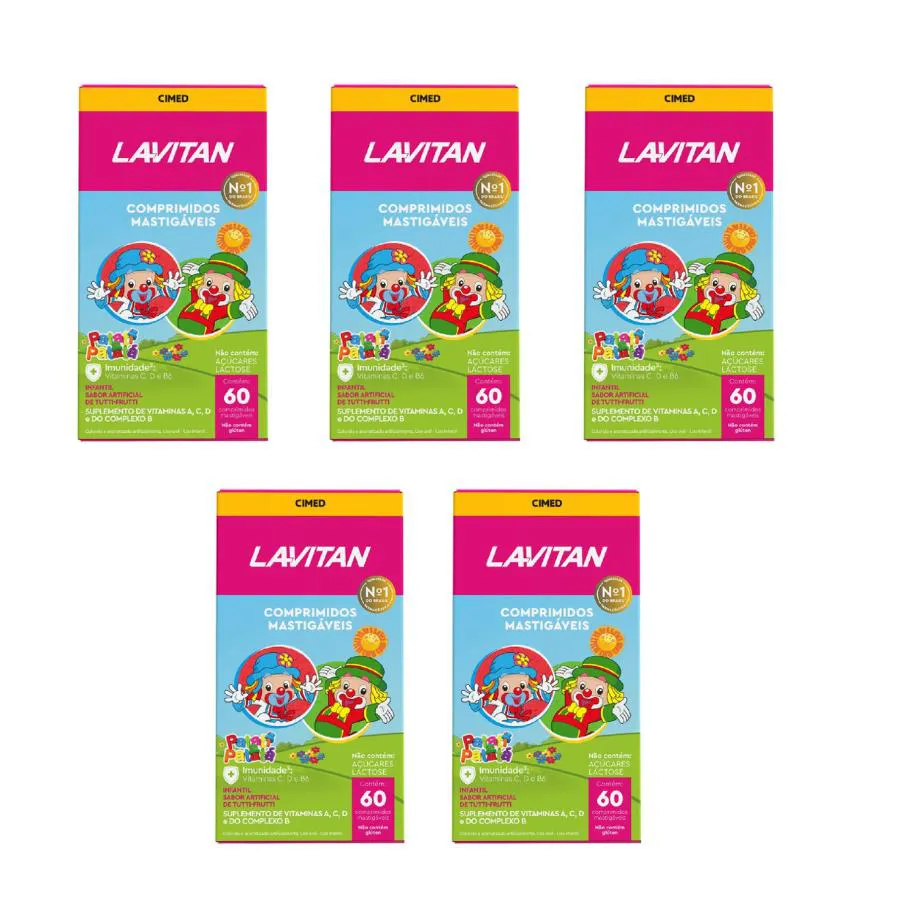 Kit 05 unidades  Lavitan Kids Suplemento Sabor Tutti-Frutti 60 Comprimidos