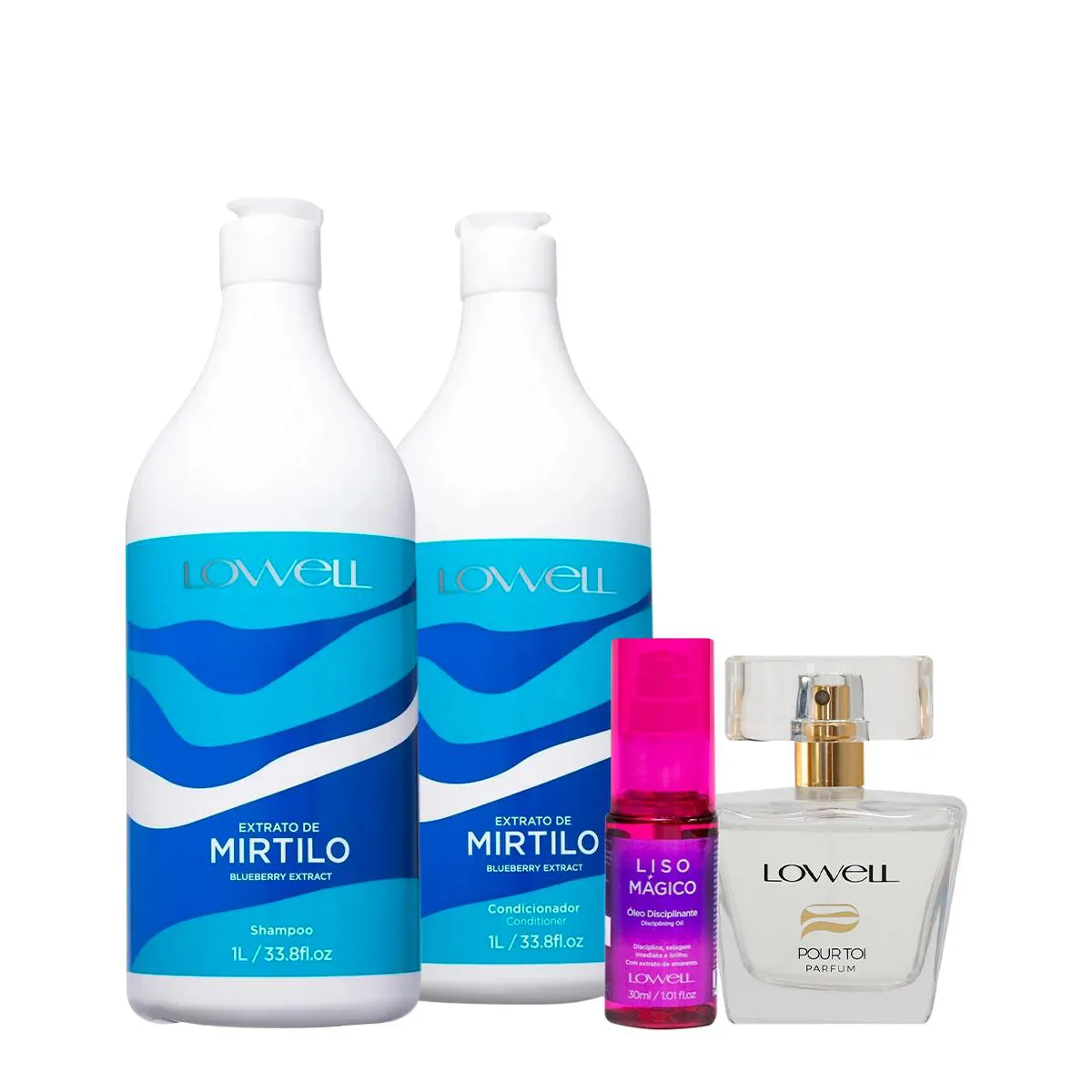 Kit Lowell Extrato de Mirtilo Shampoo Condicionador Óleo e Pour Toi Parfum Cabelo e Corpo (4 produtos)