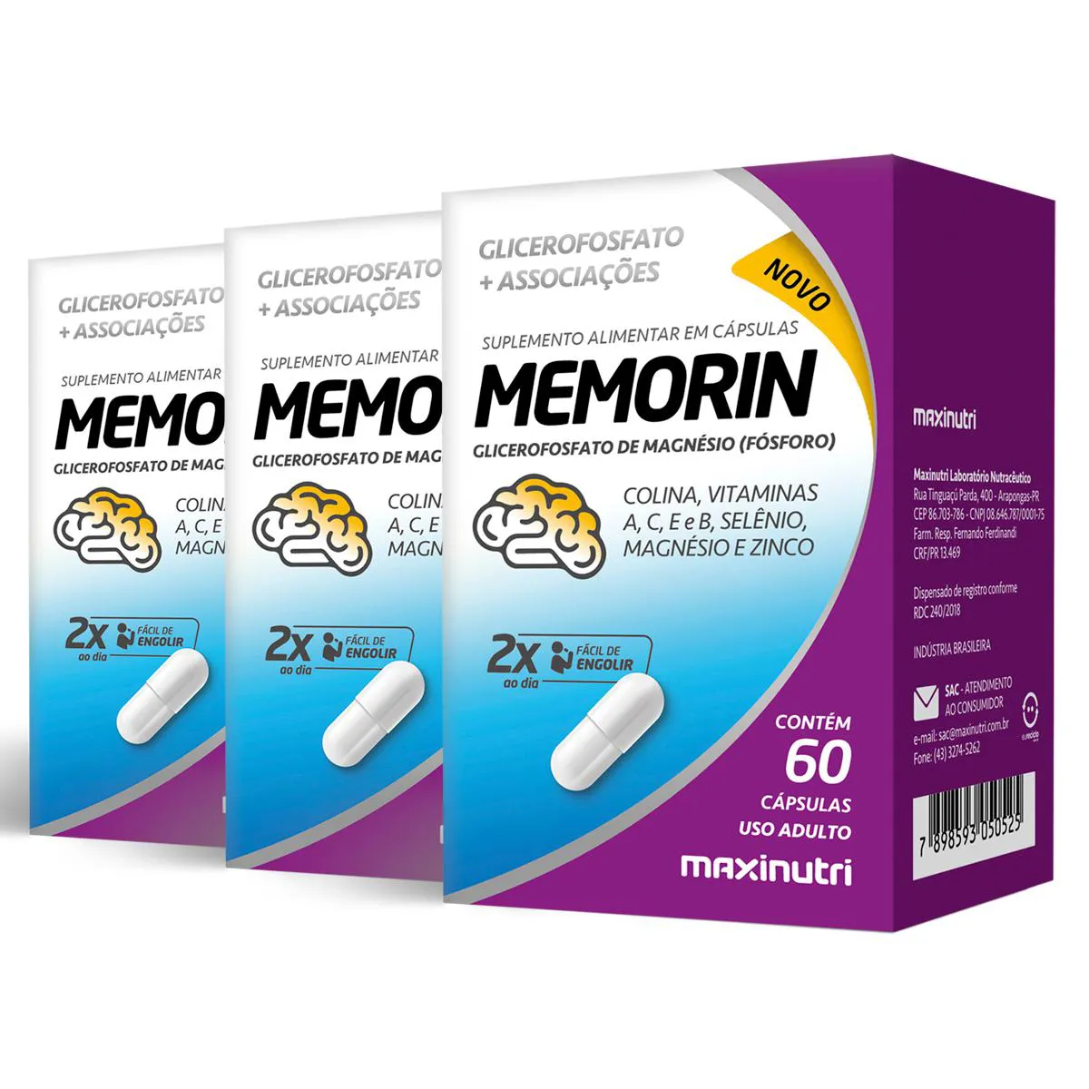 Kit 3 Memorin Fósforo + Vitaminas Maxinutri 60 Cápsulas