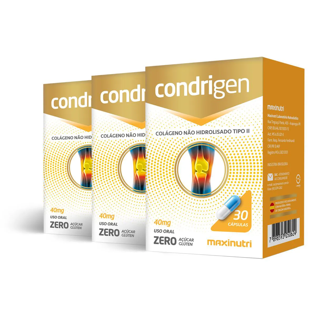 Kit 3 Condrigen Colágeno Tipo 2 Maxinutri 30 Cápsulas