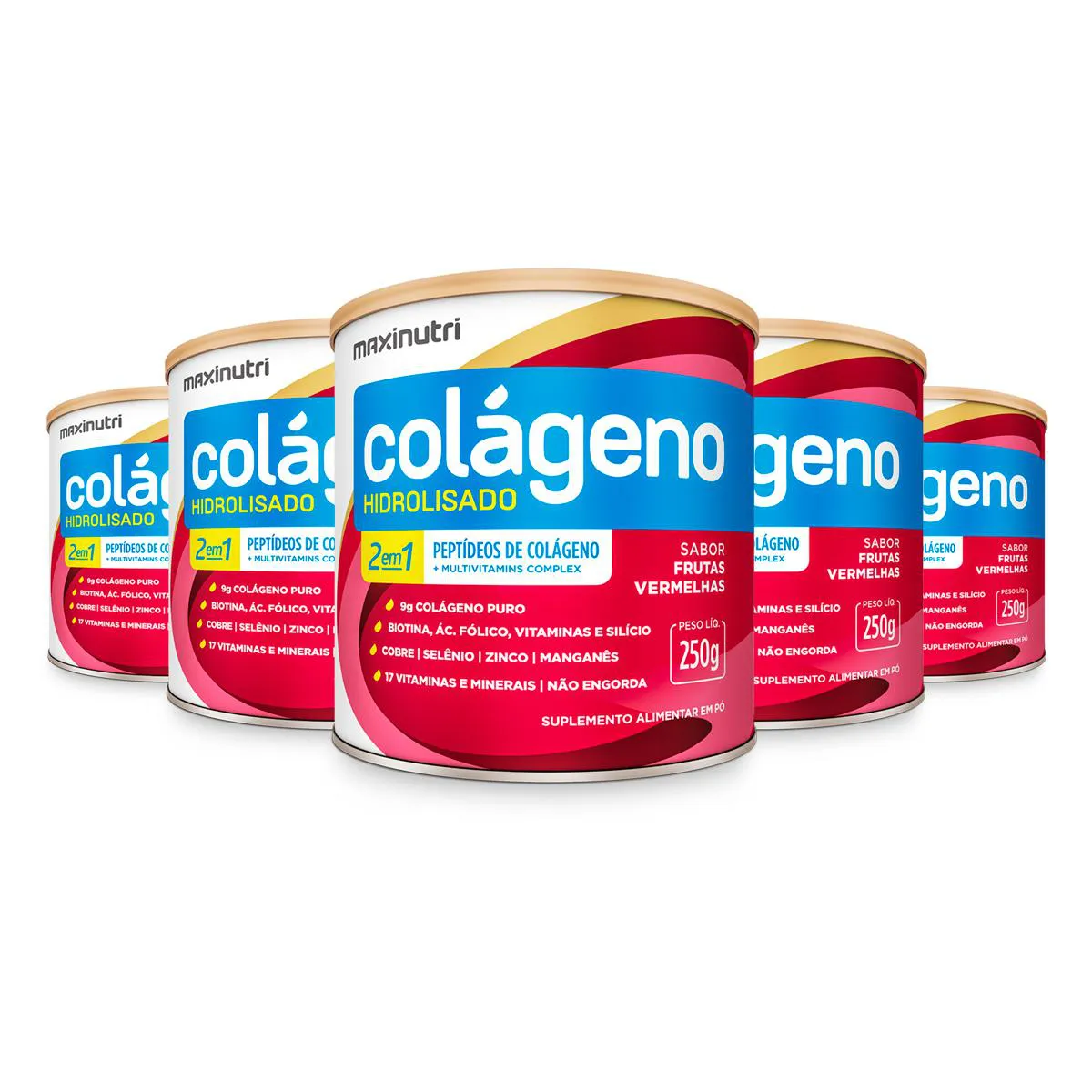 Kit 5 Colágeno Hidrolisado 2 em 1 Maxinutri 250g Frutas Vermelhas