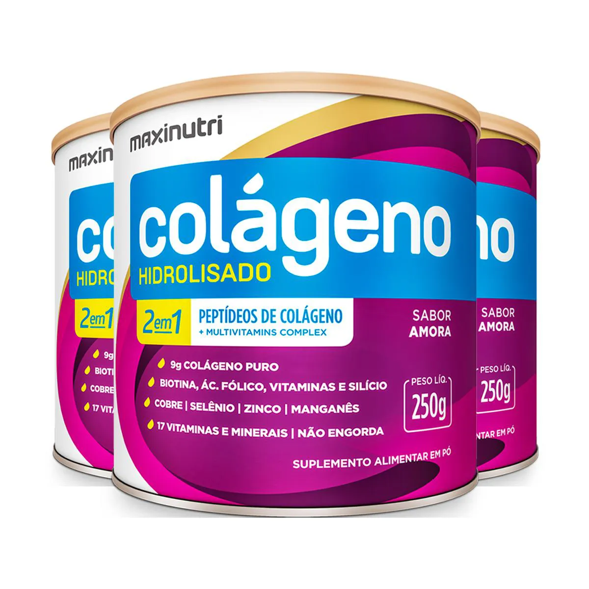 Kit 3 Colágeno Hidrolisado 2 em 1 Maxinutri 250g Amora