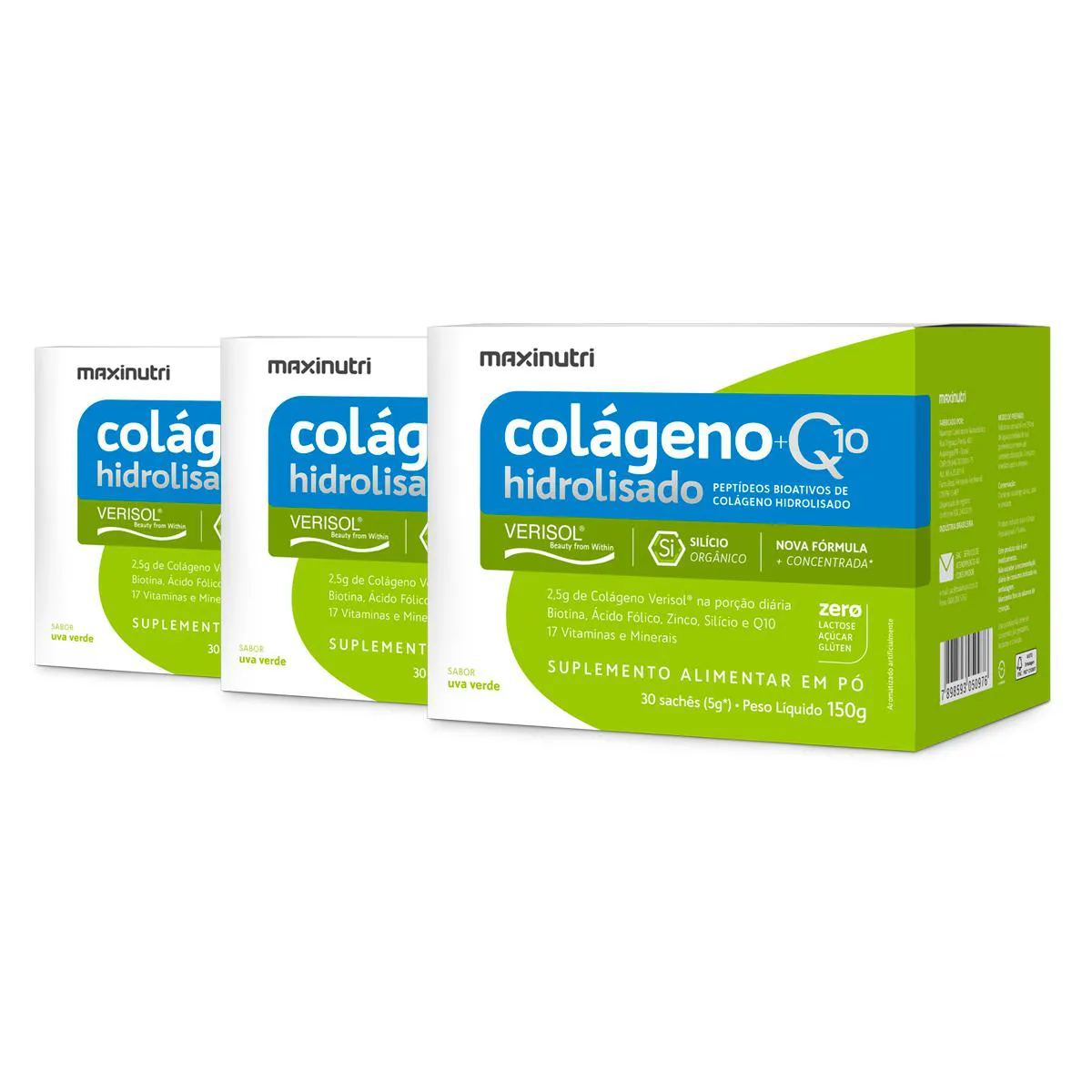 Kit 3 Colágeno Verisol + Q10 Maxinutri 30 Sachês Uva Verde