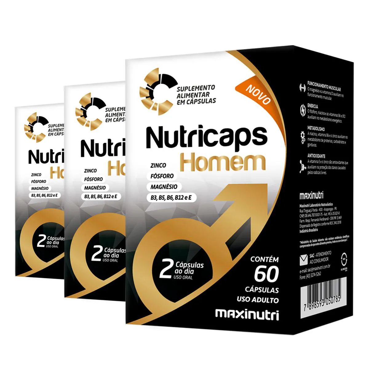 Kit 3 Nutricaps Homem Maxinutri 60 Cápsulas