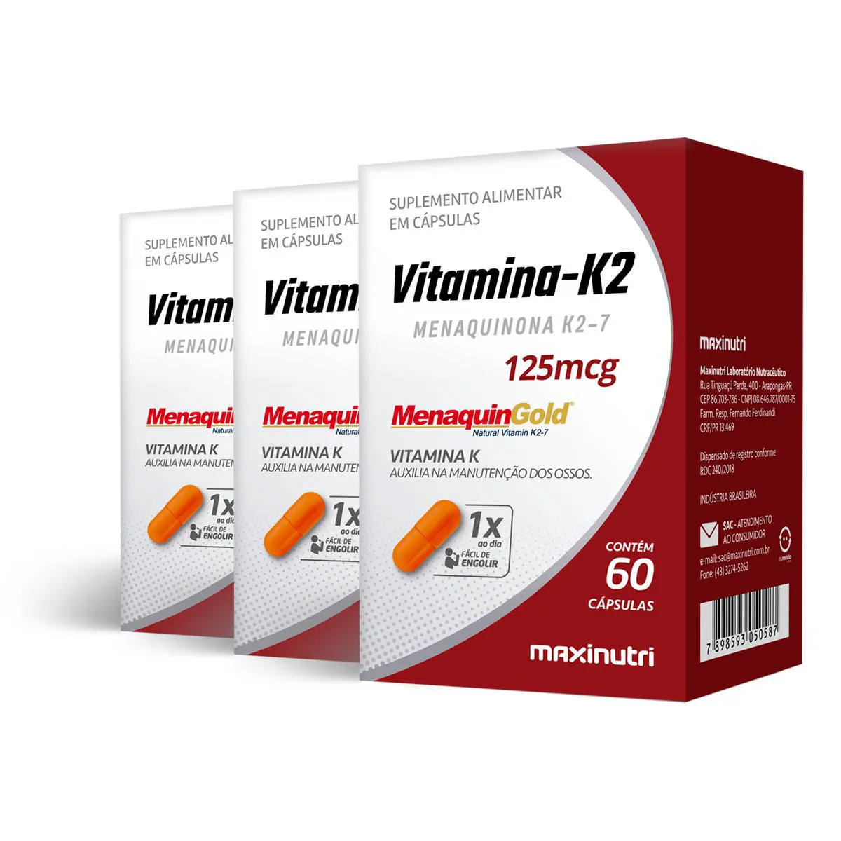 Kit 3 Vitamina K2 Menaquingold Maxinutri 60 Cápsulas
