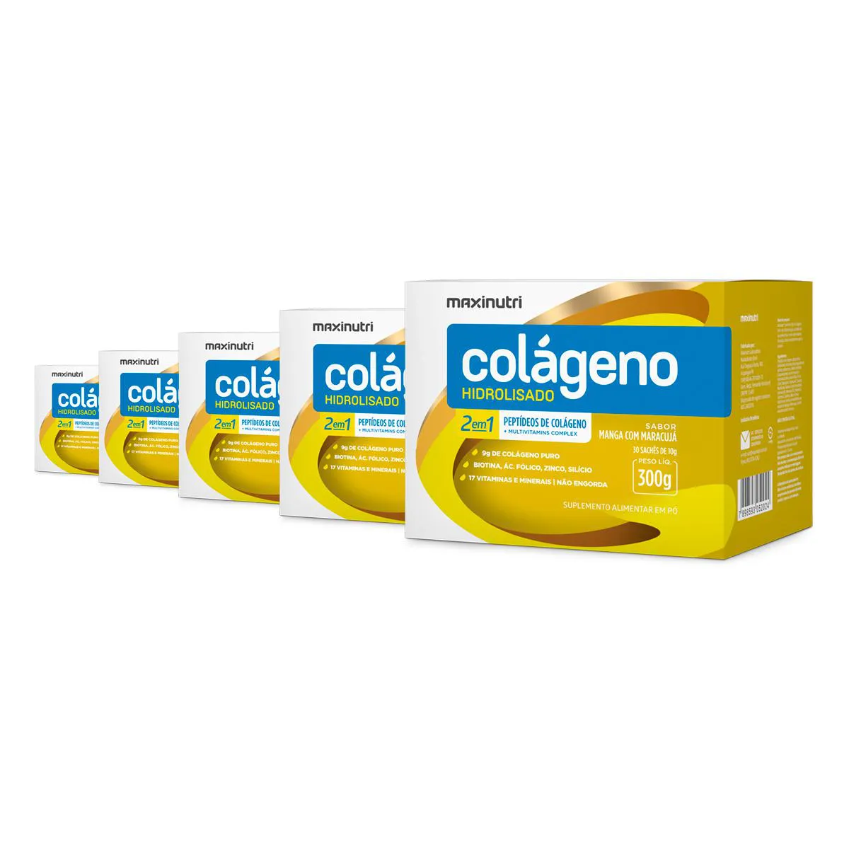Kit 5 Colágeno Hidrolisado 2 em 1 Maxinutri 30 Sachês Manga com Maracujá