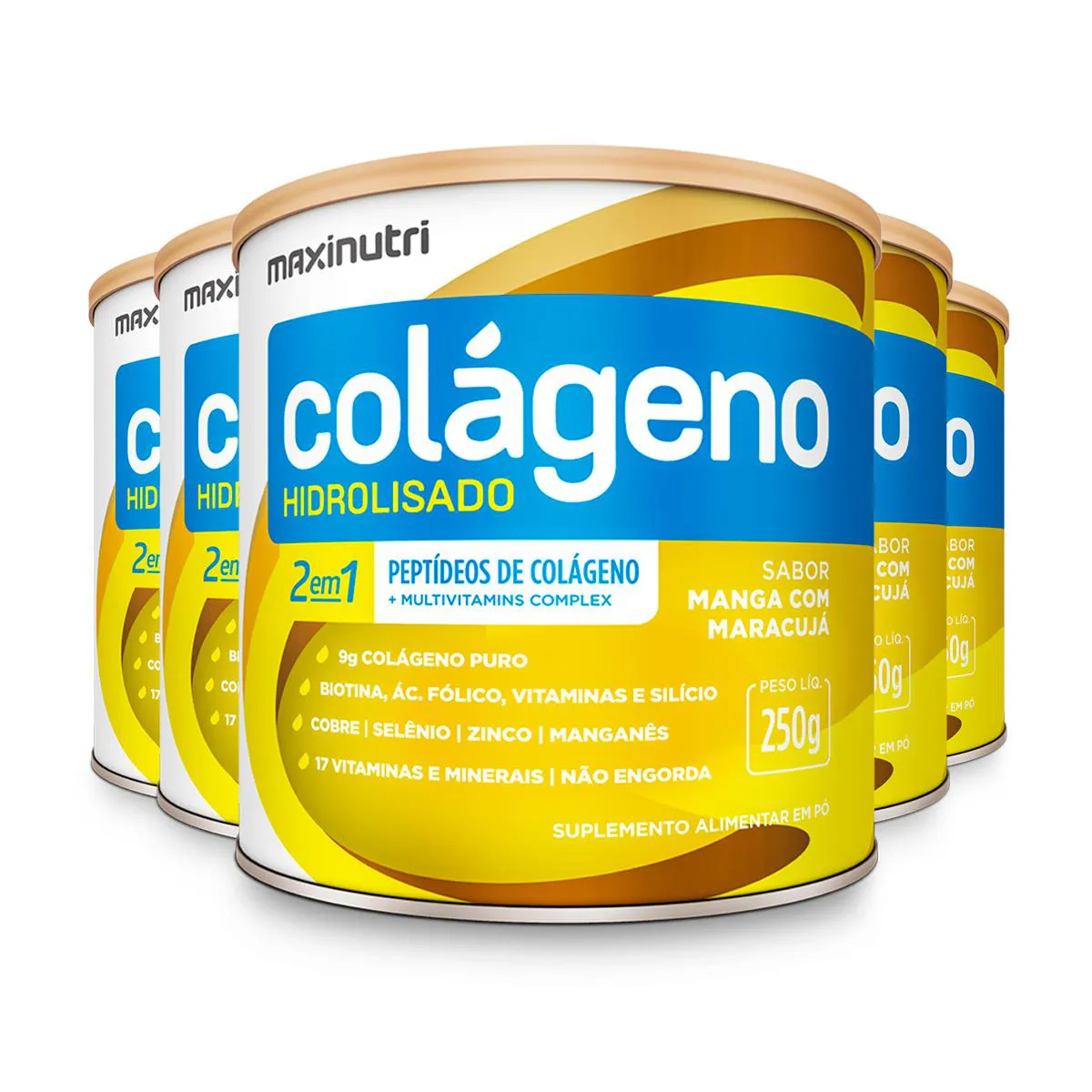 Kit 5 Colágeno Hidrolisado 2 em 1 Maxinutri 250g Manga com Maracujá