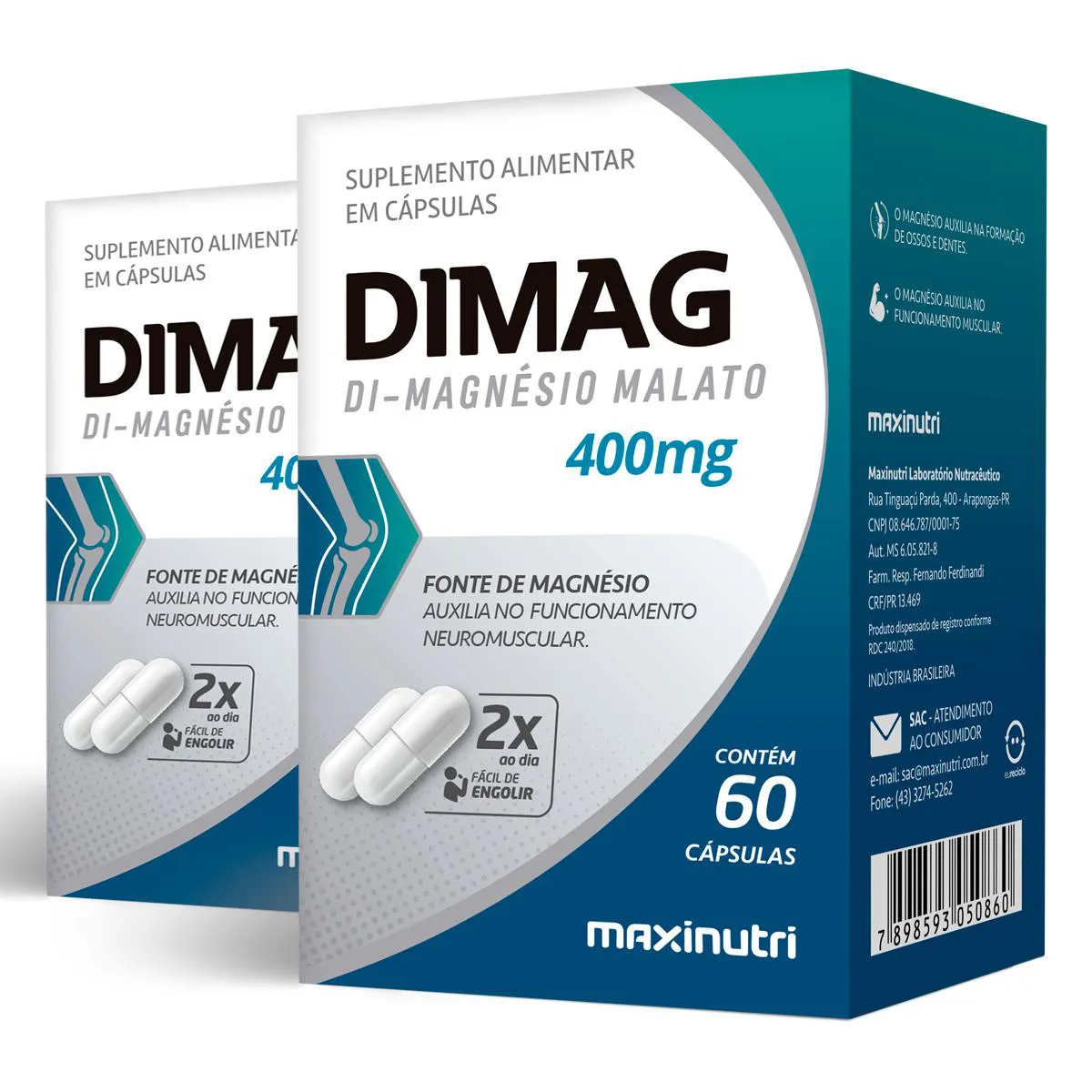 Kit 2 Dimag Di-Magnésio Malato Maxinutri 60 Cápsulas