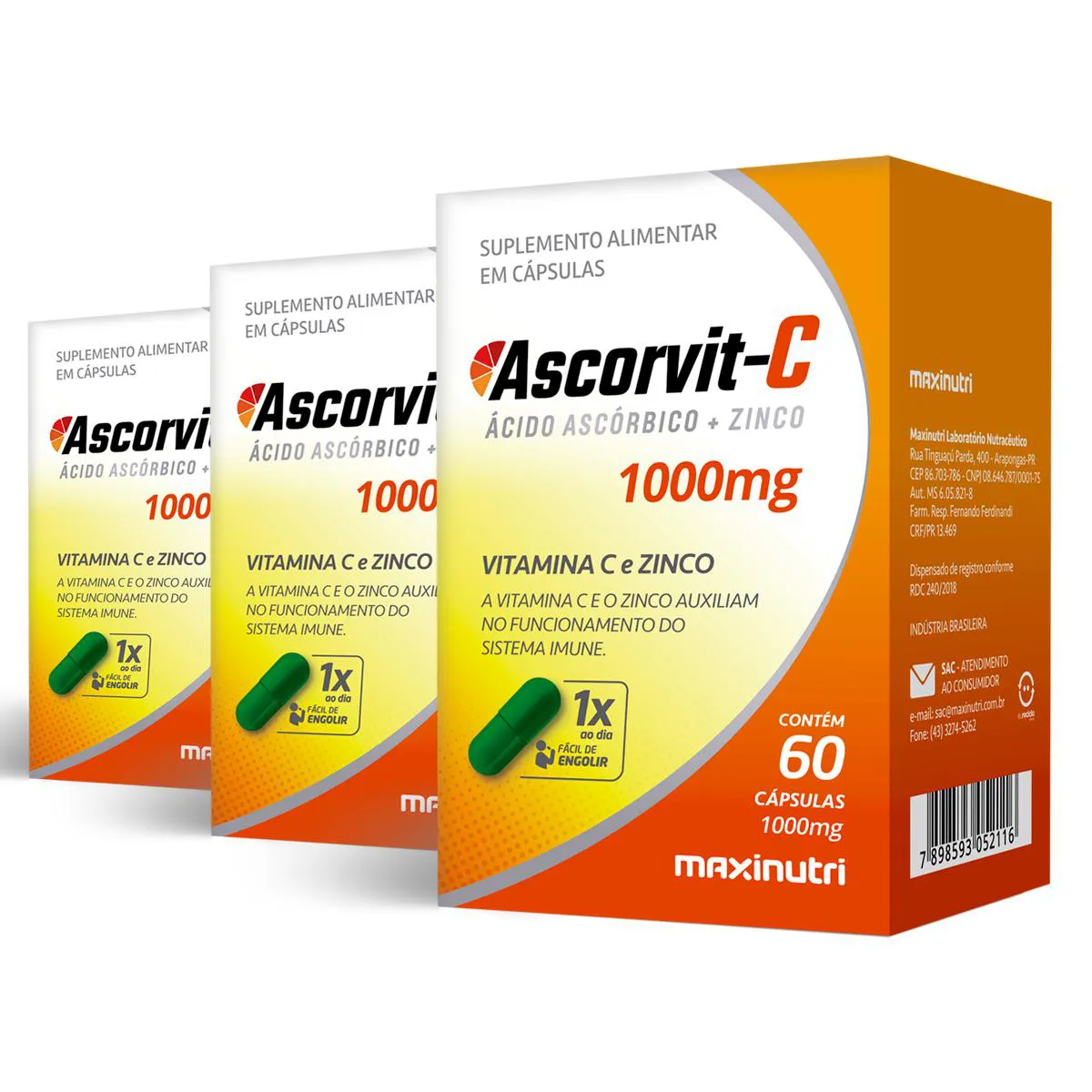 Kit 3 Ascorvit-C Maxinutri 60 Cápsulas