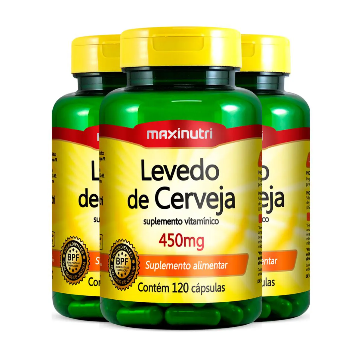 Kit 3 Levedo de Cerveja 450mg Maxinutri 120 Cápsulas