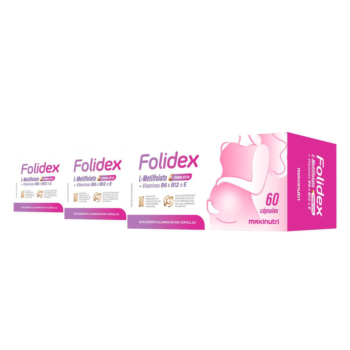 Kit 3 Folidex L-Metilfolato Maxinutri 60 Cápsulas