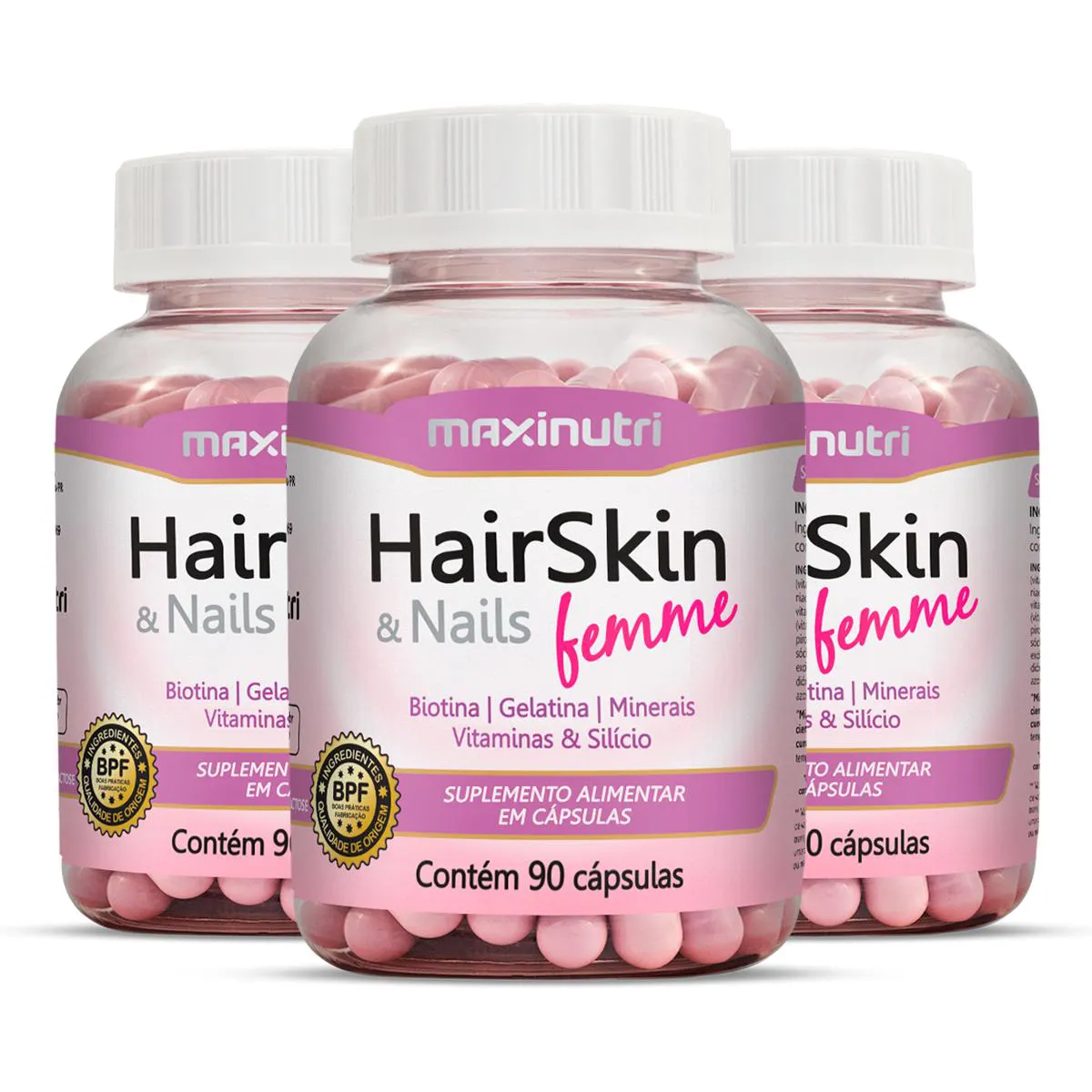 Kit 3 HairSkin Nails Femme Maxinutri 90 Cápsulas