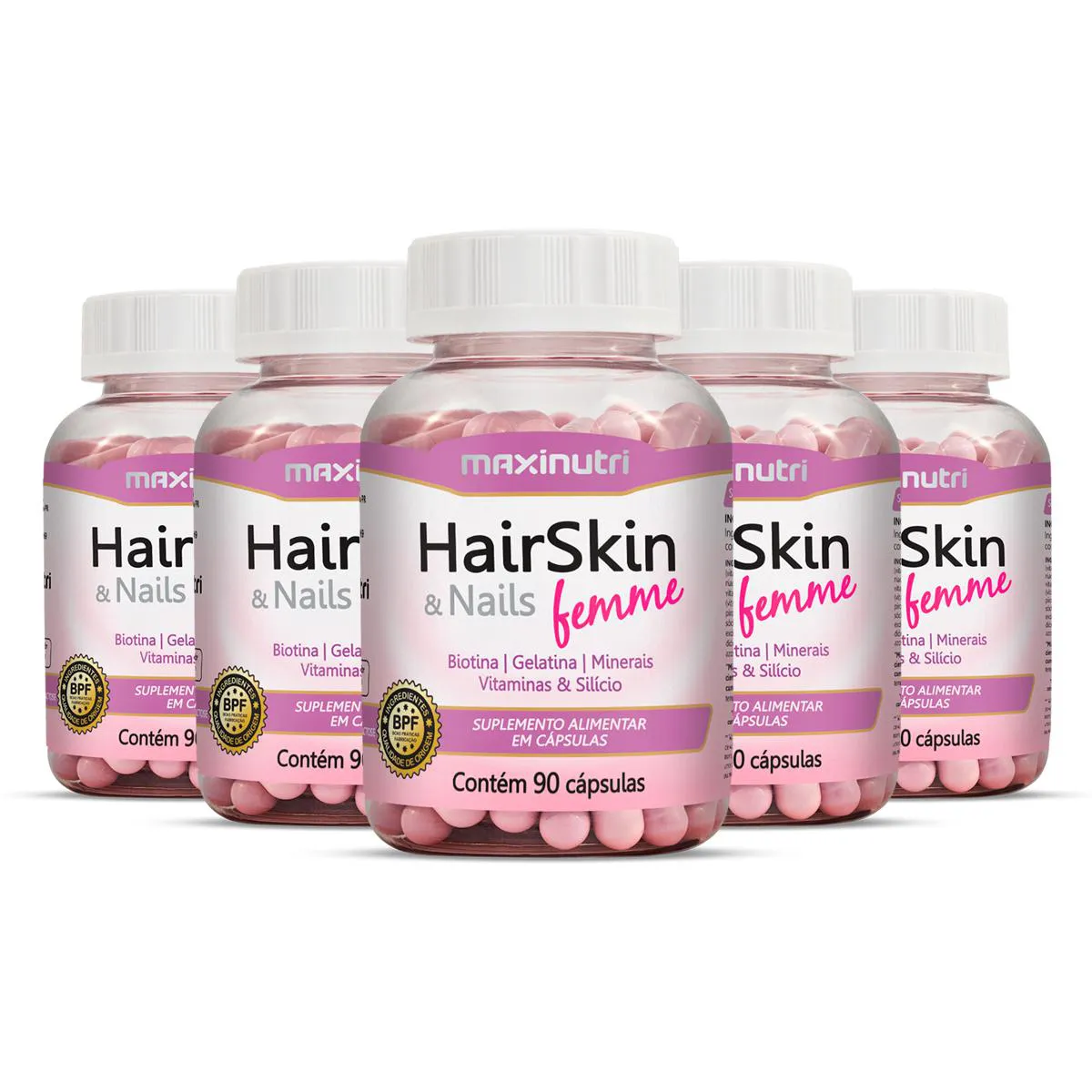 Kit 5 HairSkin Nails Femme Maxinutri 90 Cápsulas