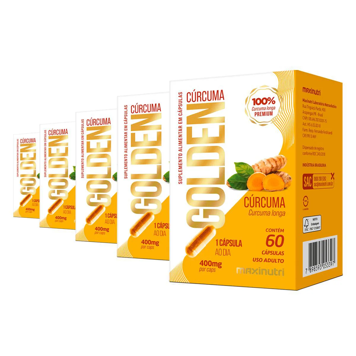 Kit 5 Cúrcuma Golden Maxinutri 60 Cápsulas