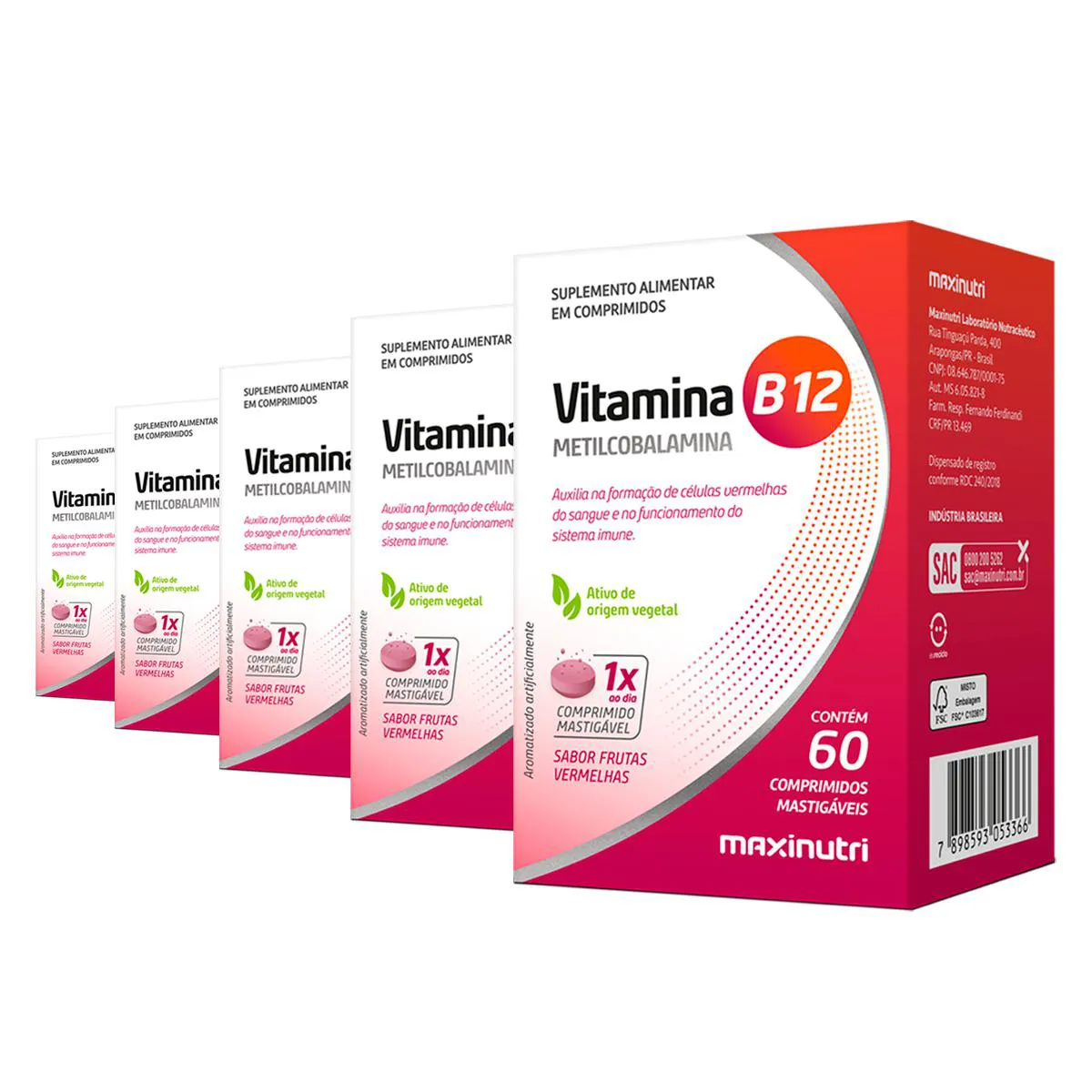 Kit 5 Vitamina B12 Maxinutri 60 Comprimidos Frutas Vermelhas