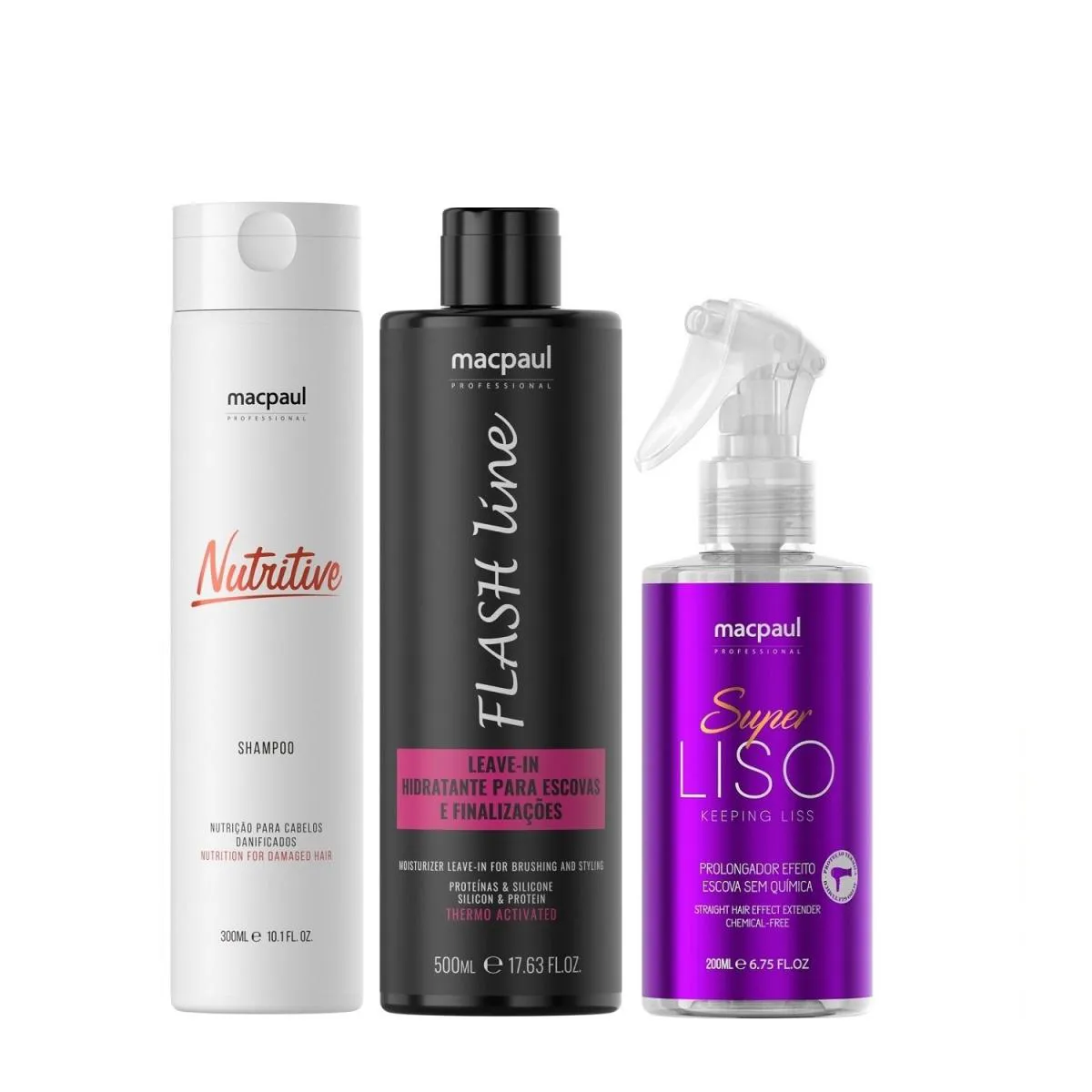 Kit MacPaul - Shampoo Nutritive 300ml + Flash Line Leave-In 500ml + Super Liso 200ml