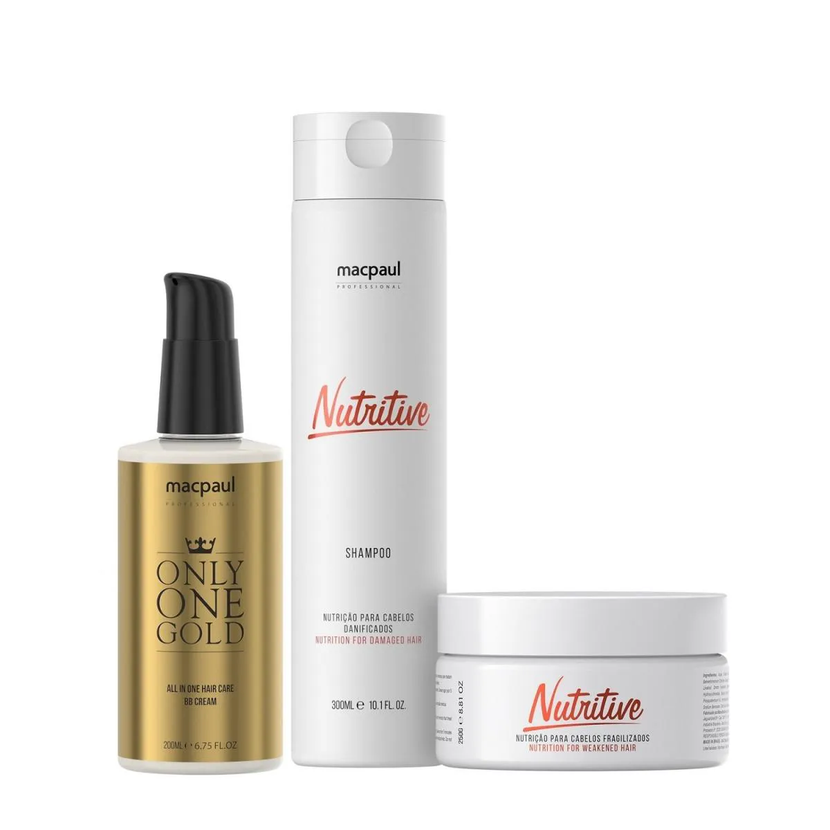 Kit MacPaul - Shampoo Nutritive 300ml + Máscara Nutritive 250g + Only One Gold 200ml