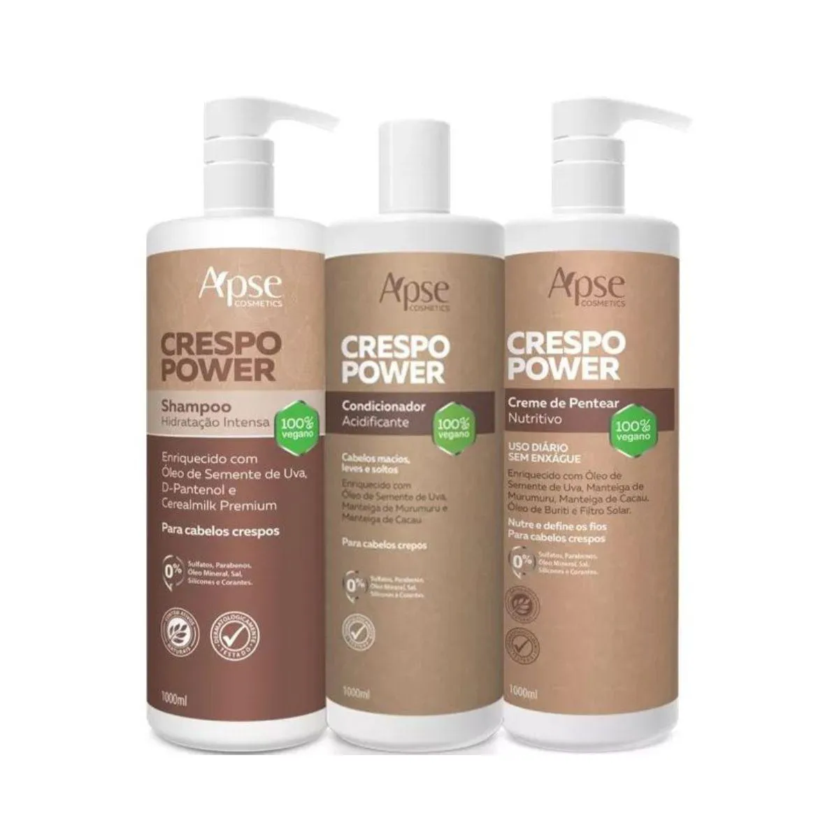 KIT Crespo Power Shampoo Condicionador e Creme De Pentear Profissional Ápice