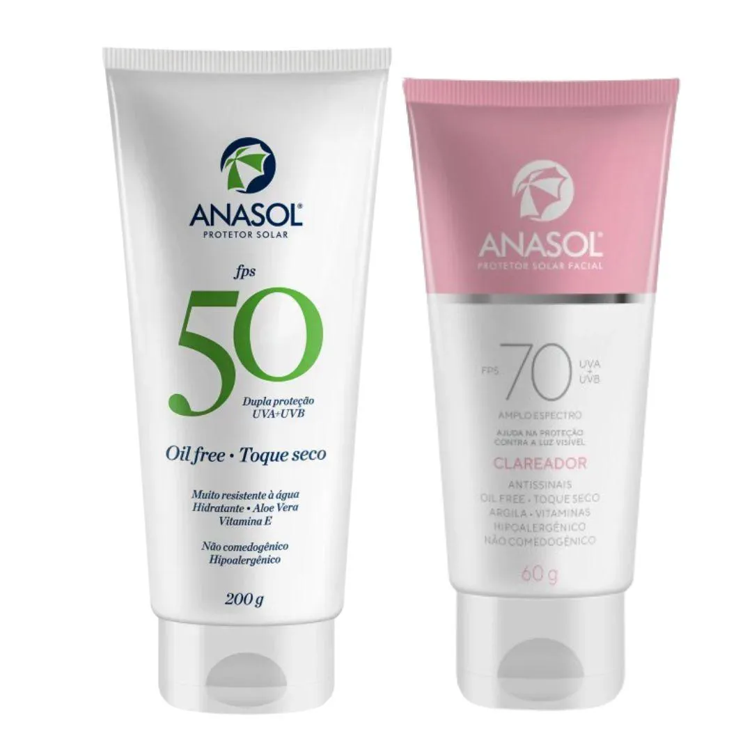Kit Anasol Protetor Corporal Fps 50 200 gr Toque Seco  + Anasol Protetor Facial Fps 70 Clareador com 60 gr Vegano