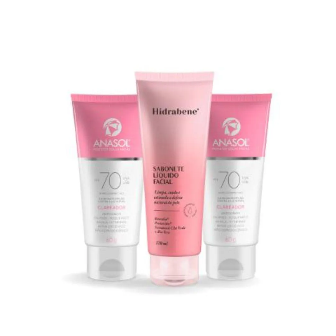 Kit Anasol Protetor Facial Fps 70 Clareador 60 gr com 2 unidades + Hidrabene Sabonete Liquido Facial 120 ml Vegano