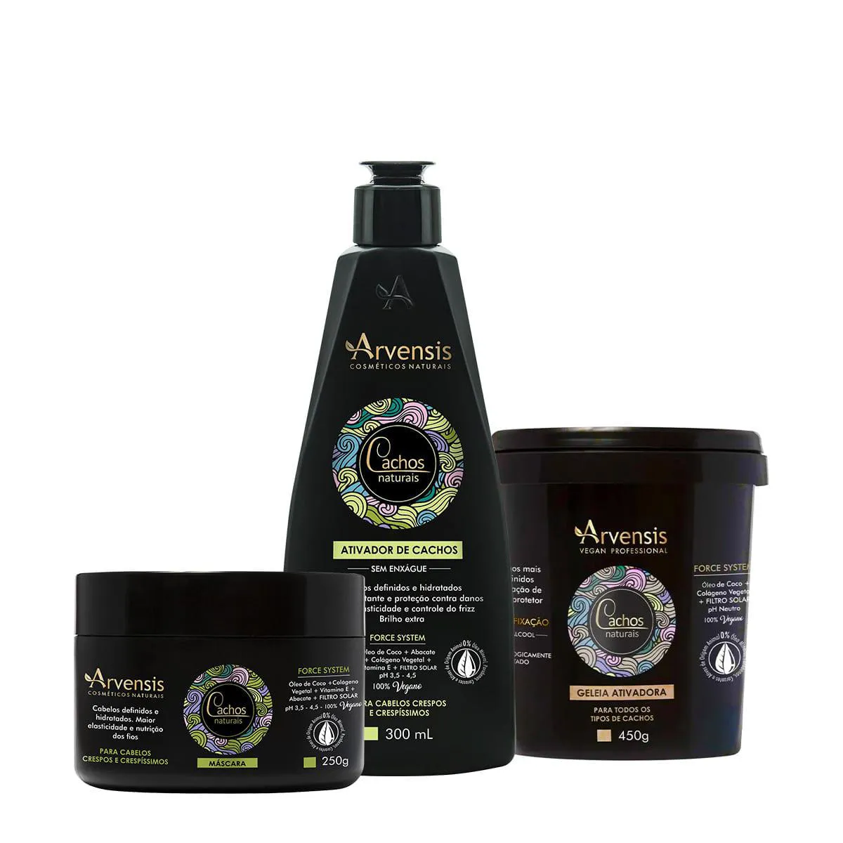 Kit Arvensis Cachos Naturais Crespos e Crespíssimos Ativador de Cachos Máscara e Geleia G (3 produtos)