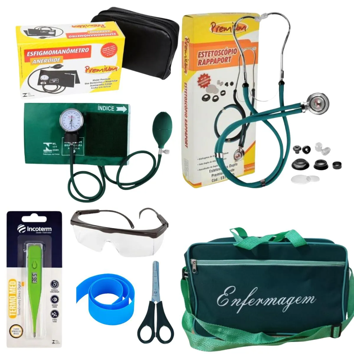 KIT DE ENFERMAGEM COM ESTETO ESFIGMO TERMOMETRO VERDE