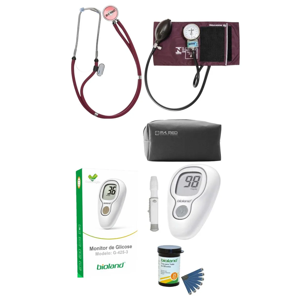 KIT COM ESFIGMOMANÔMETRO ESTETO COMPLETO BORDÔ