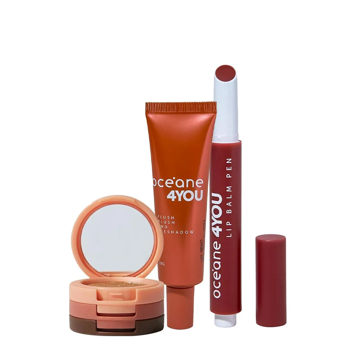 Kit Océane 4you Trio de Sombras Cooper Shine Hidratante Labial Berry e Blush Líquido Laranja (3 Produtos)