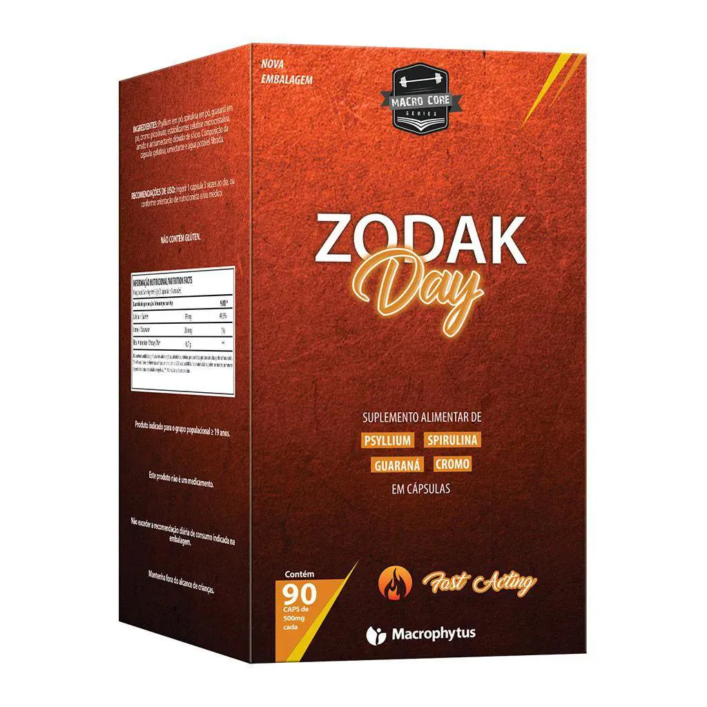 Zodak Day 90 cápsulas (psyllium, spirulina, guaraná)