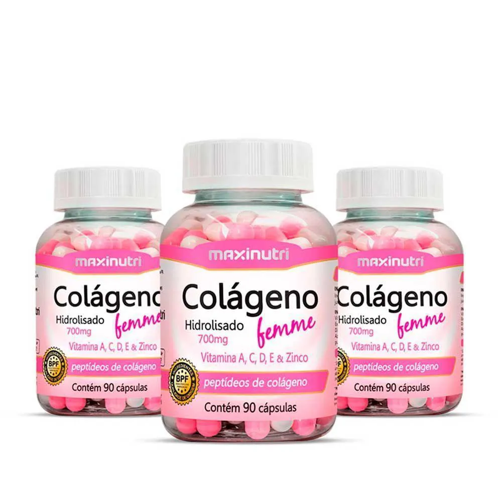 Kit 3 Colágeno Femme Maxinutri Vitaminas E Zinco 90 Cápsulas