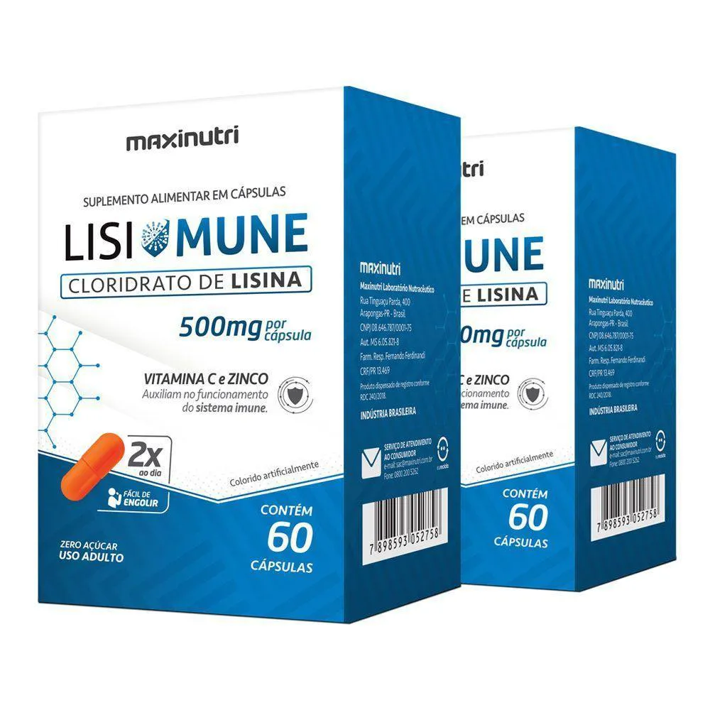 Kit 2 Lisimune Lisina Vitamina C Zinco Maxinutri 60 Capsulas