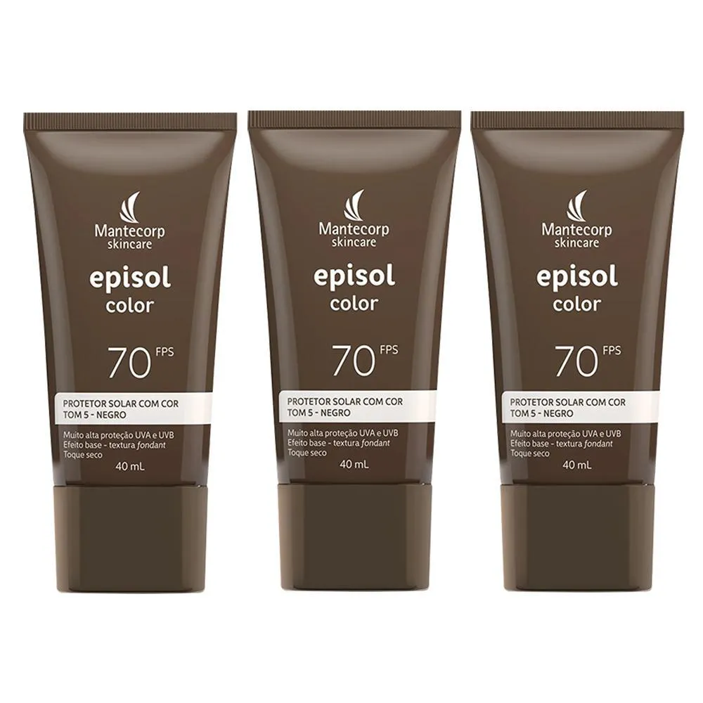 Kit Mantecorp Episol Color - 3 Protetores  Solares Facial FPS70 Tom 5 Negro 40ml