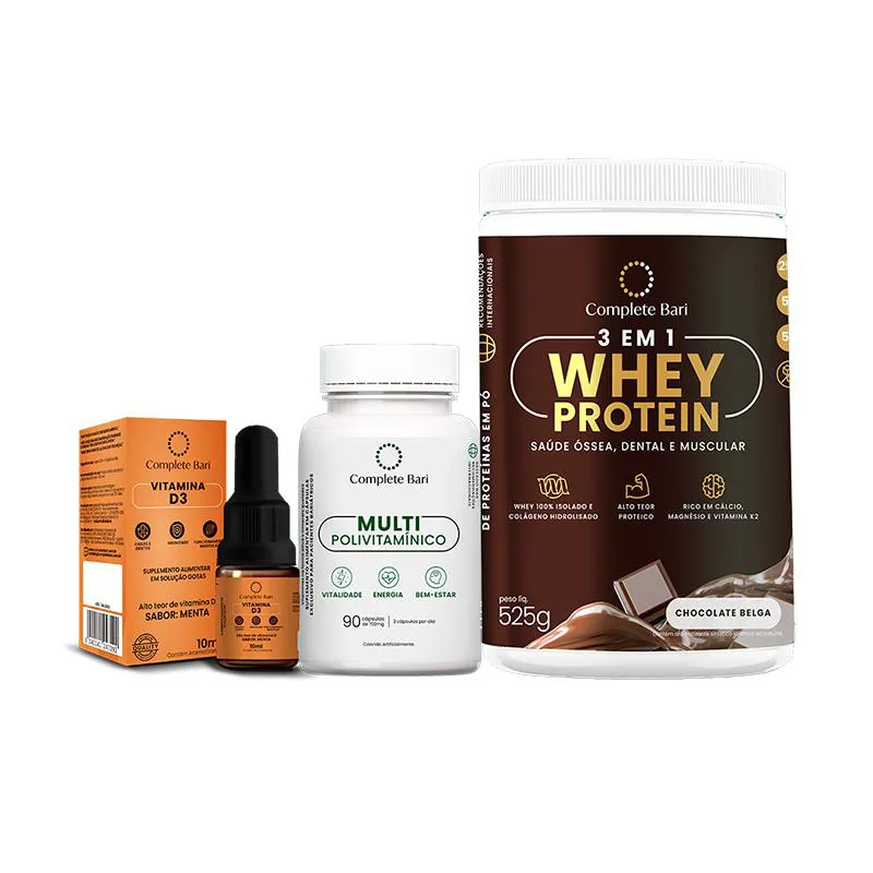 Kit 1 Multi + 1 Whey Isolado Chocolate Belga + 1 Vitamina D3 Complete Bari