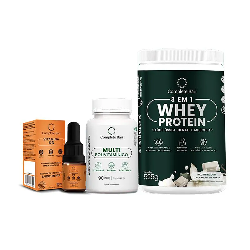 Kit 1 Multi + 1 Whey Isolado Baunilha com Chocolate + 1 Vitamina D3 Complete Bari
